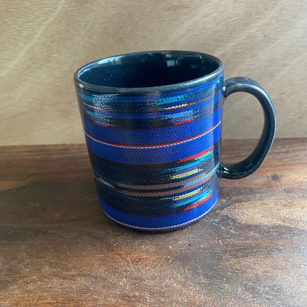 Pier 1 One Imports Handcrafted Japan Woven Patten Ceramic Mug Cup Blue Black